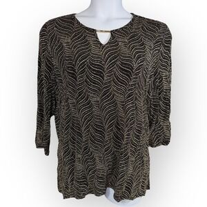 Simply Emma Black Gold Metallic Leaf Print Keyhole Neck 3/4 Sleeve Tunic Top 2X